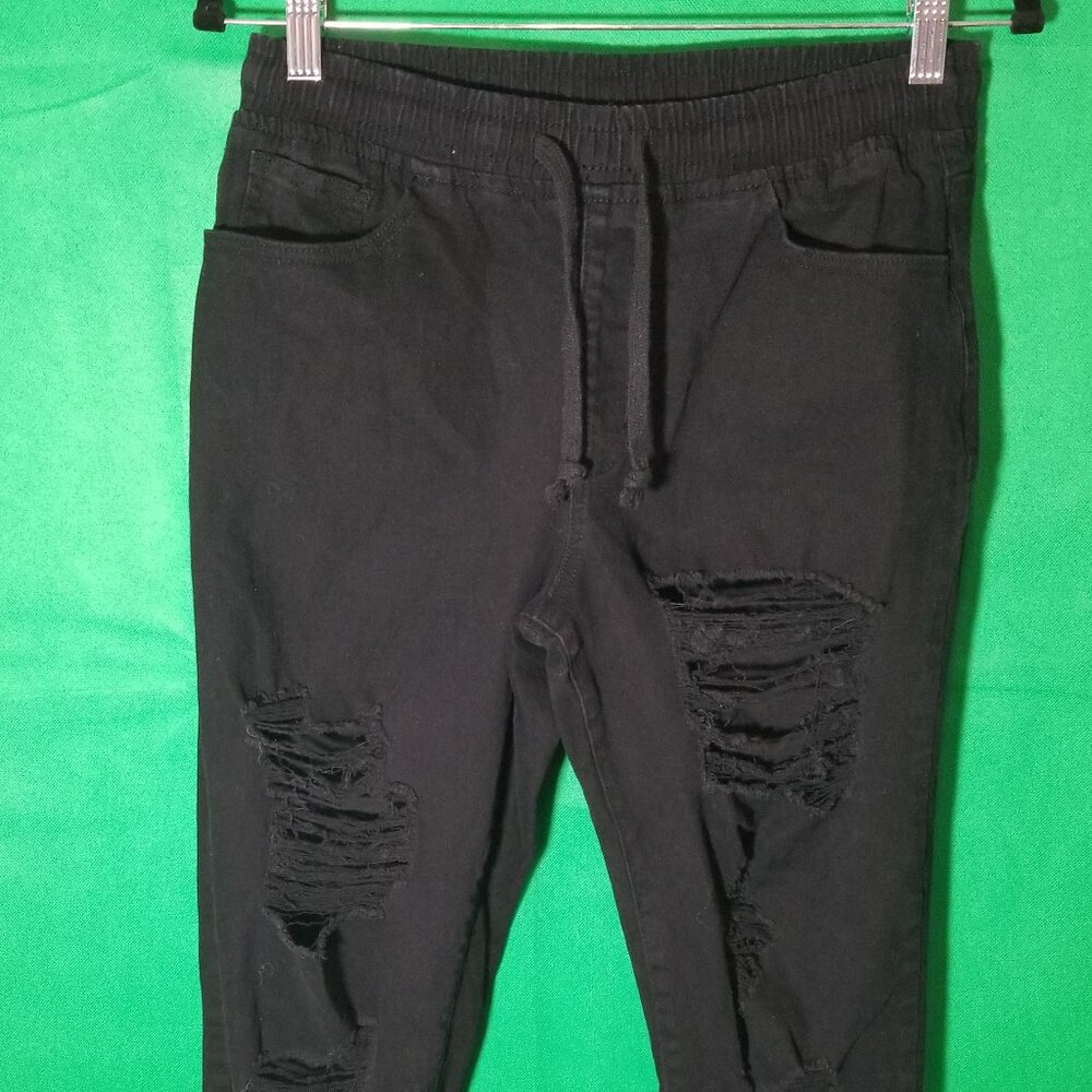 FOREVER‎ 21 Jogger Distressed Pants Women Size Medium Black Jean Denim